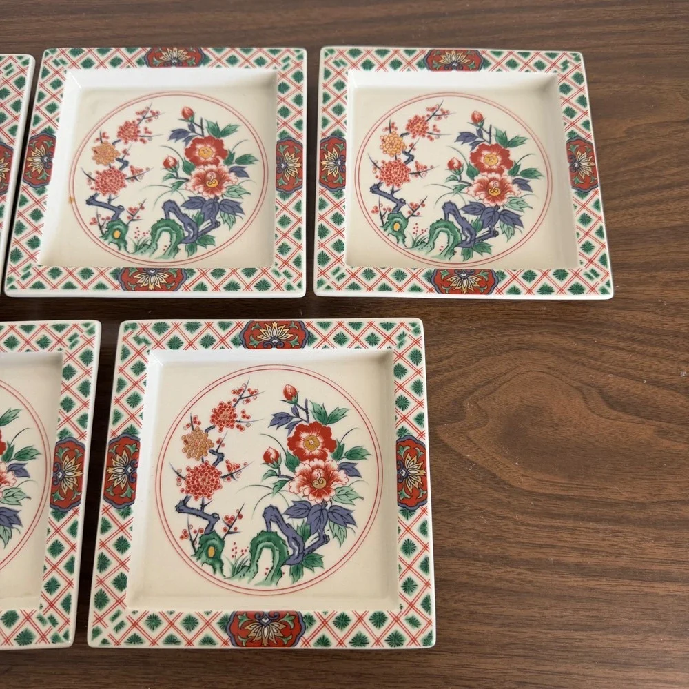 Vintage Imari Style Square Porcelain Appetizer Plates Set of 5 Floral Ceramic